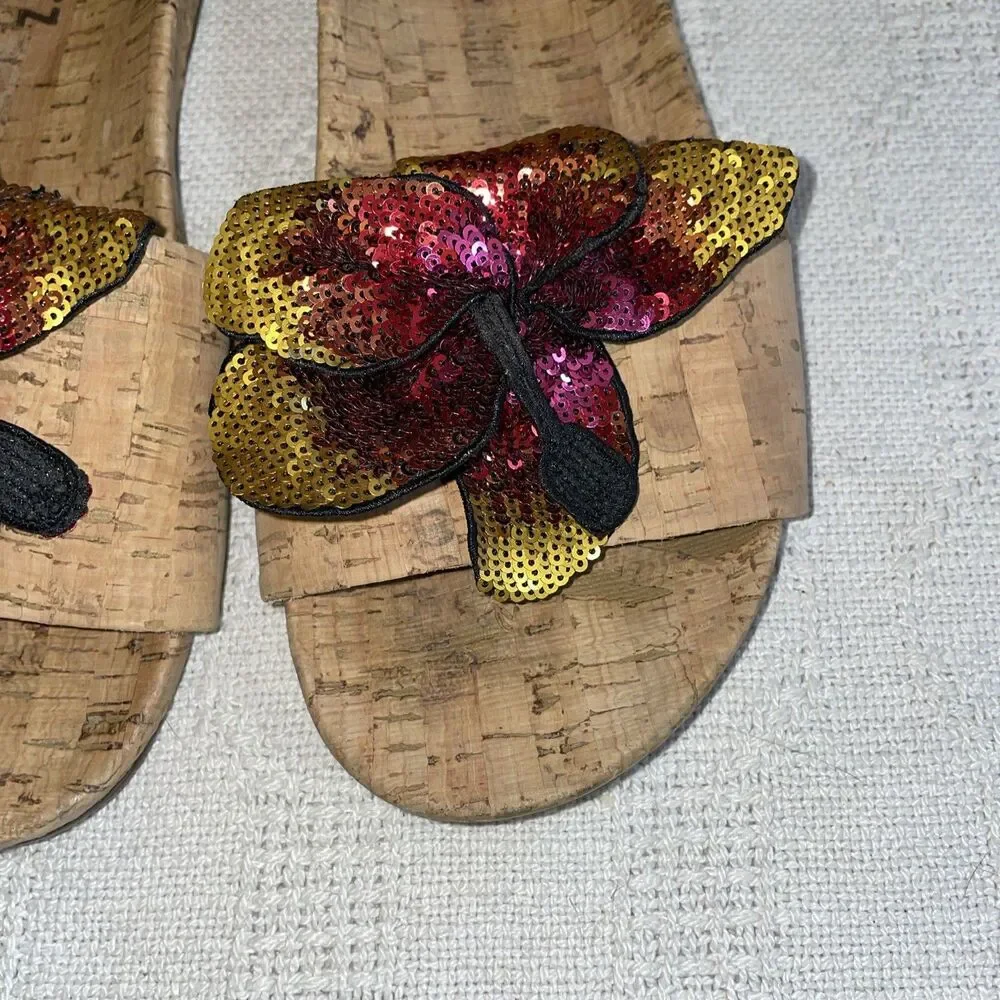 Schutz Women’s Slide Sandals Size 8 B Tan Cork Print Beach Cruise Island
